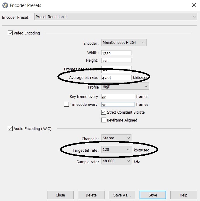 Wirecast Bitrate Settings - Encoder Preset Rendition 1