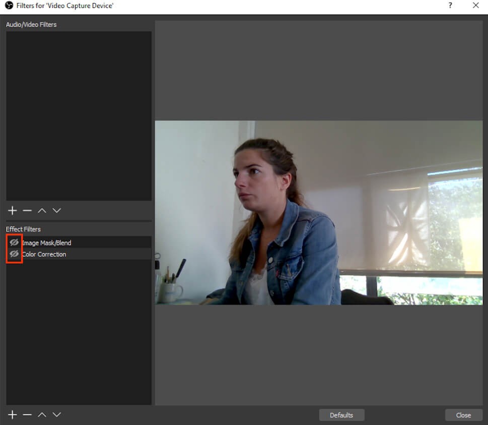 OBS effect filters for video capture device
