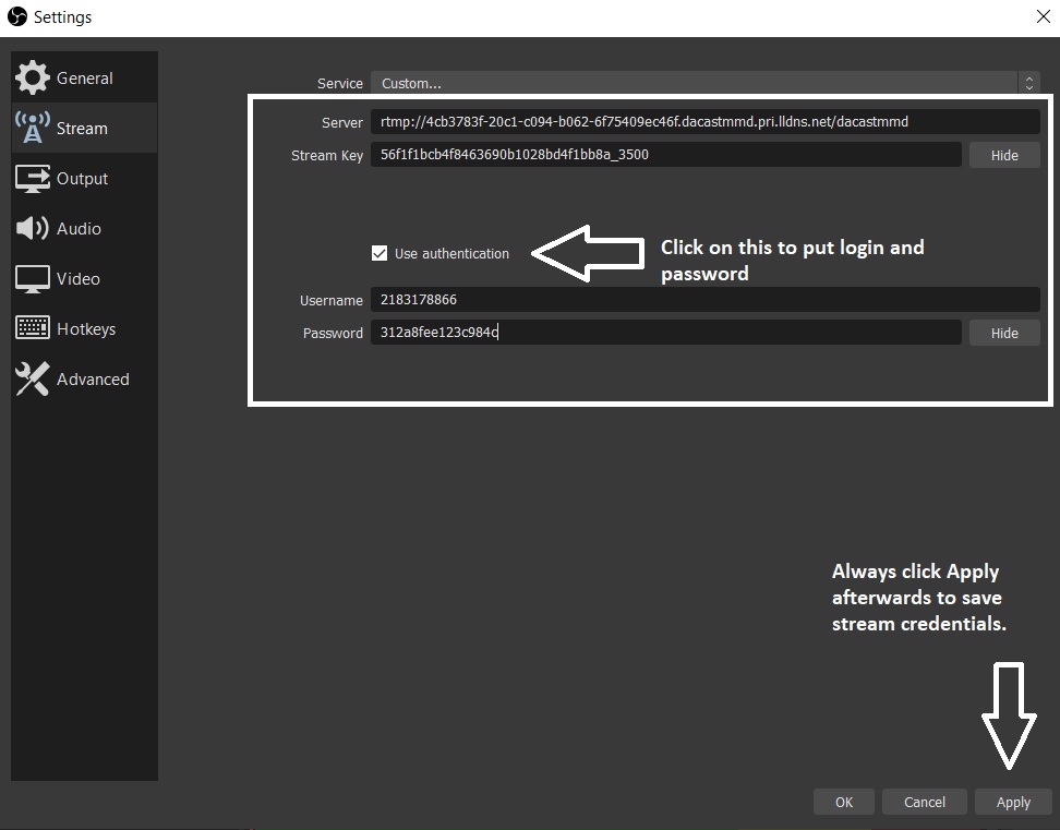 Dacast Encoder Setup Guide - OBS authentification