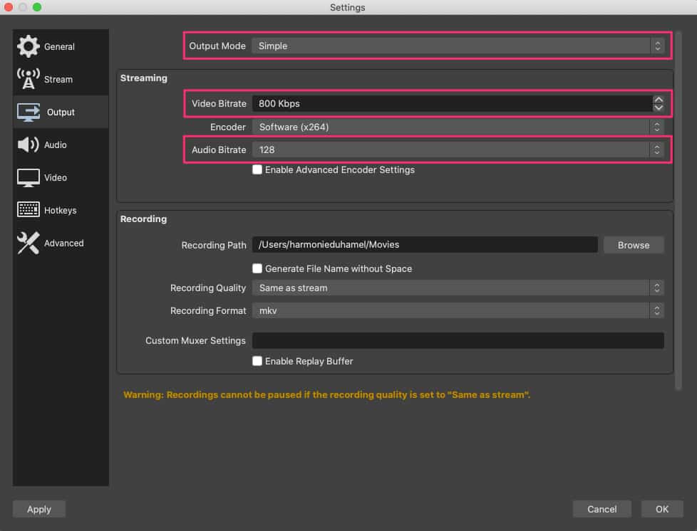 OBS Studio Output Settings