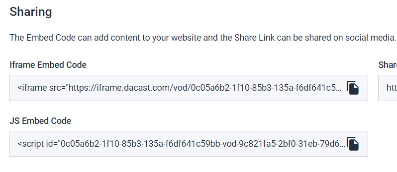 Dacast Platform - Embed code screenshot