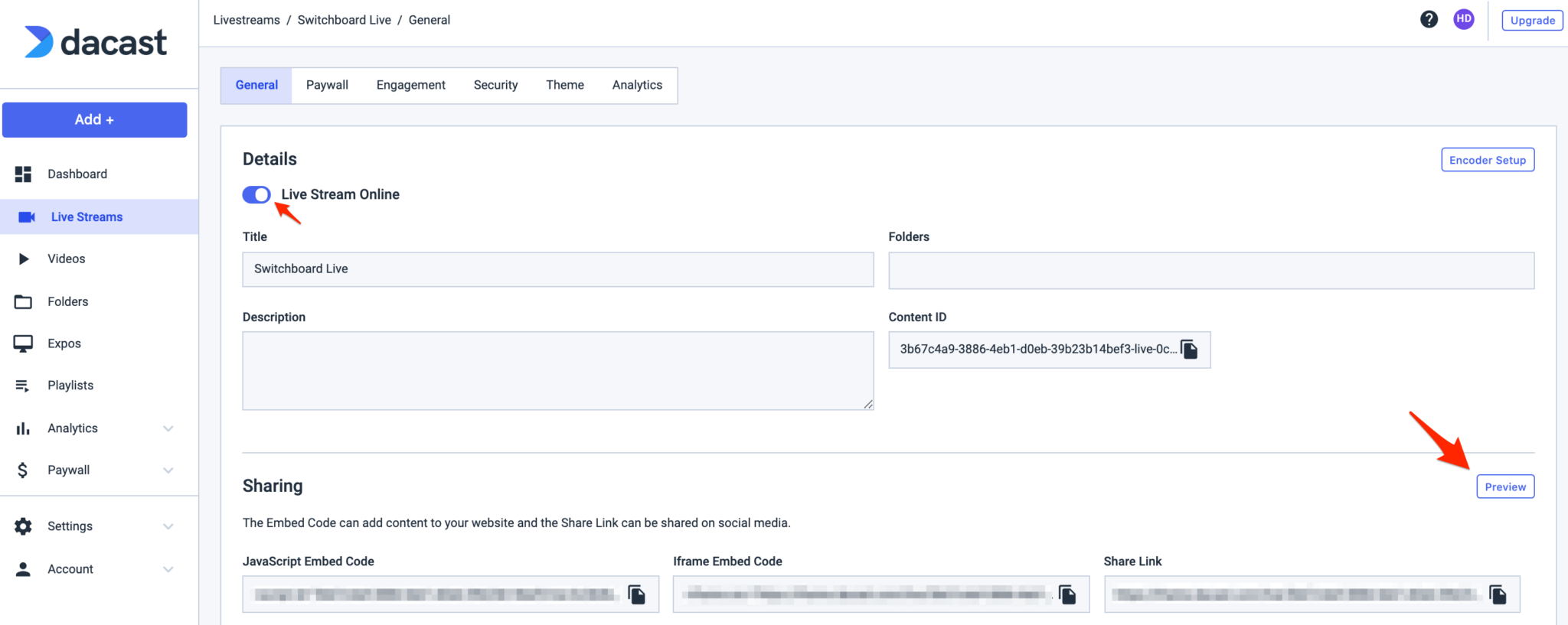 How to stream to Dacast using Switchboard Live - Step 11