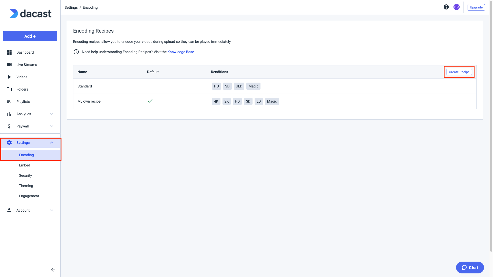 Dacast > Encoding > Create Recipe