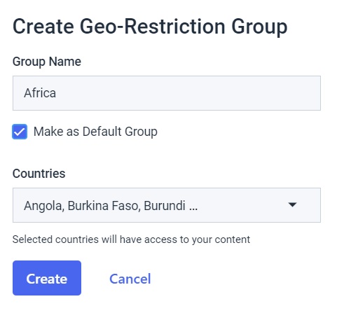Dacast security preferences - create geo-restriction group