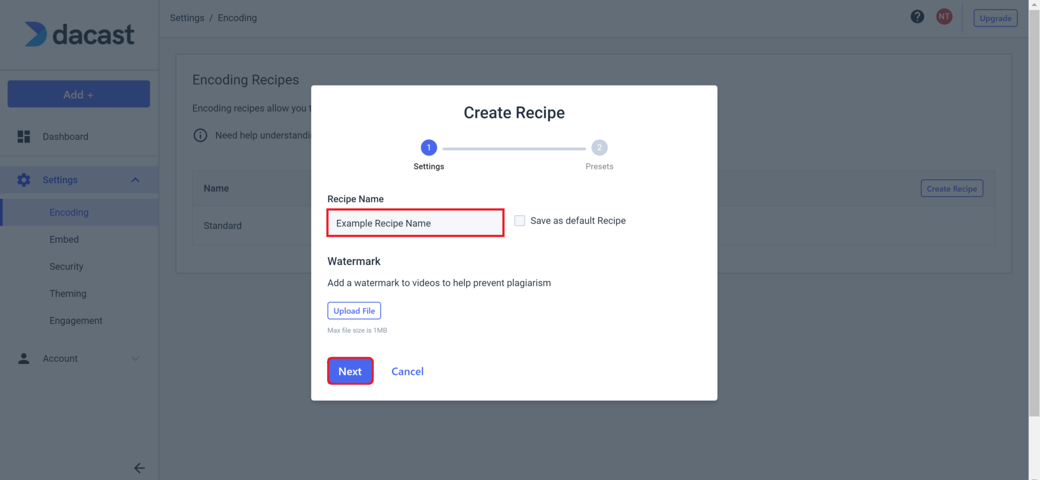 Dacast platform Create Recipe