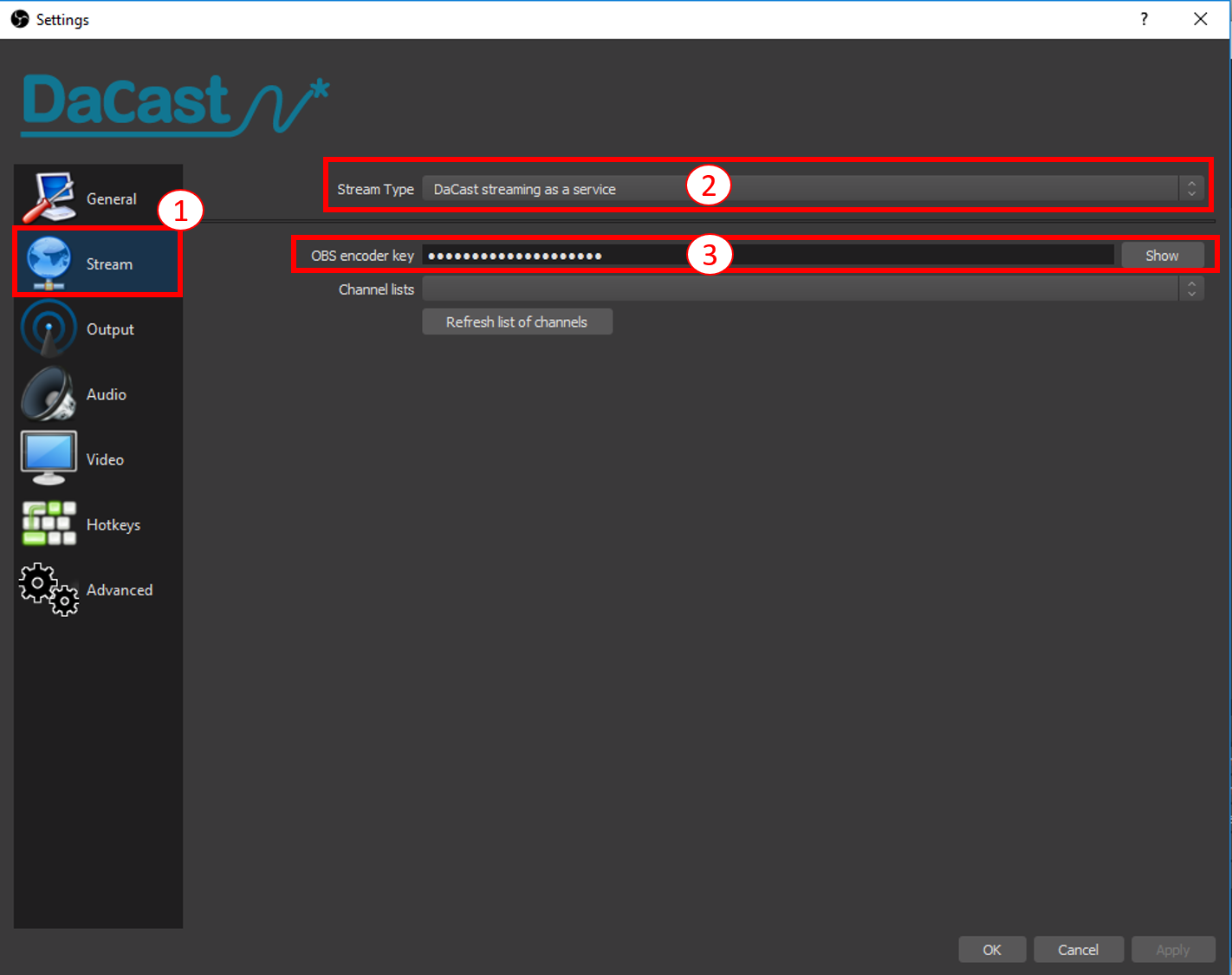 OBS Studio что такое ключ потока. Setting Stream. OBS Multi RTMP. DACAST. Set stream