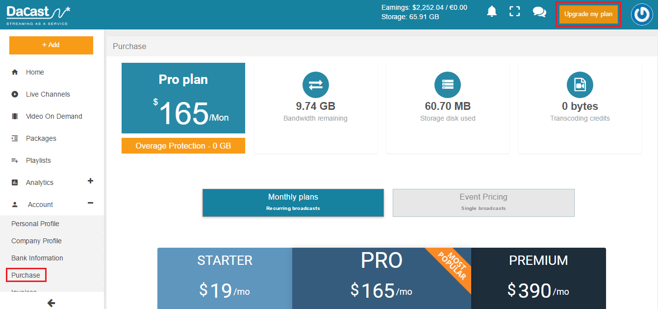 How to upgrade my account - Dacast
