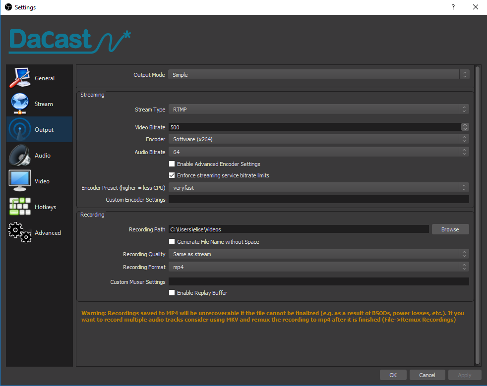 best setting for obs studio recording