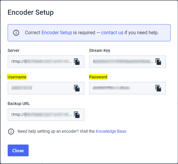 Credenciais Dacast - Configuração do codificador