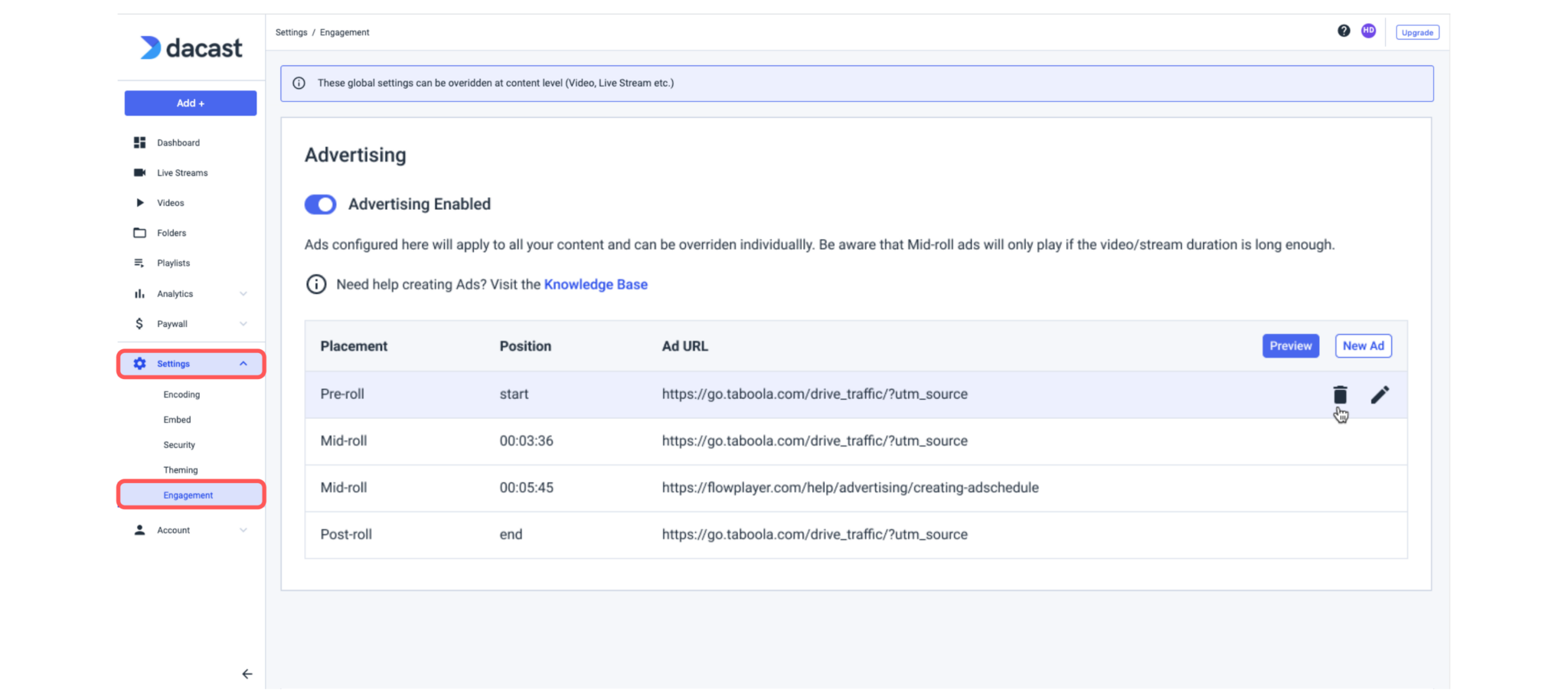 Dacast Local Video Ads - Settings