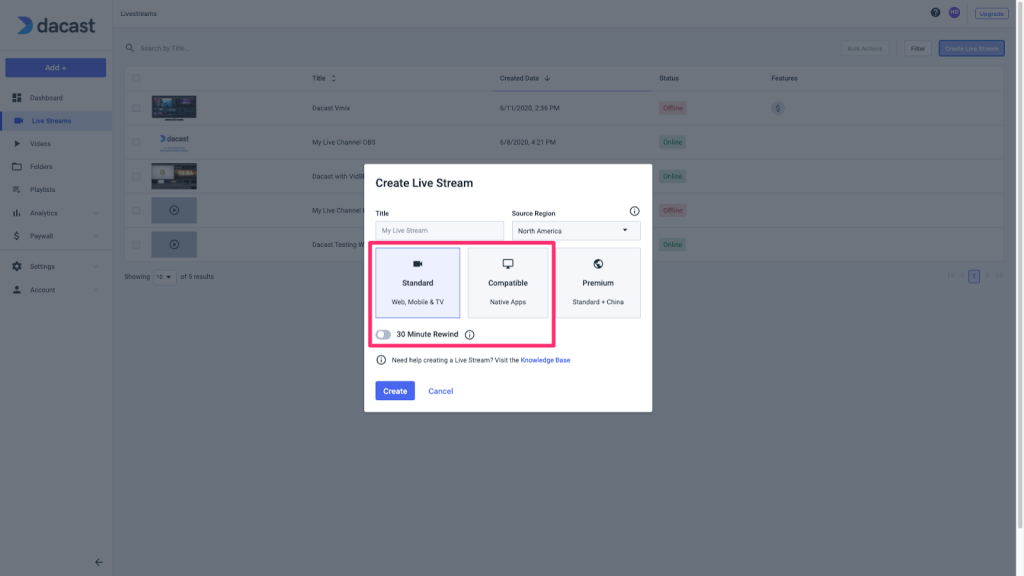 Dacast Low Latency - Create live stream