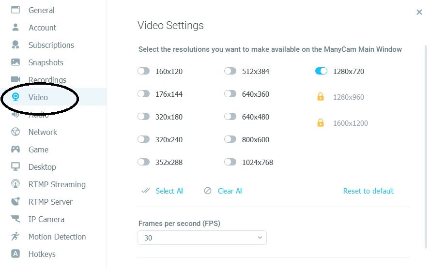 Dacast ManyCam - Definições de vídeo