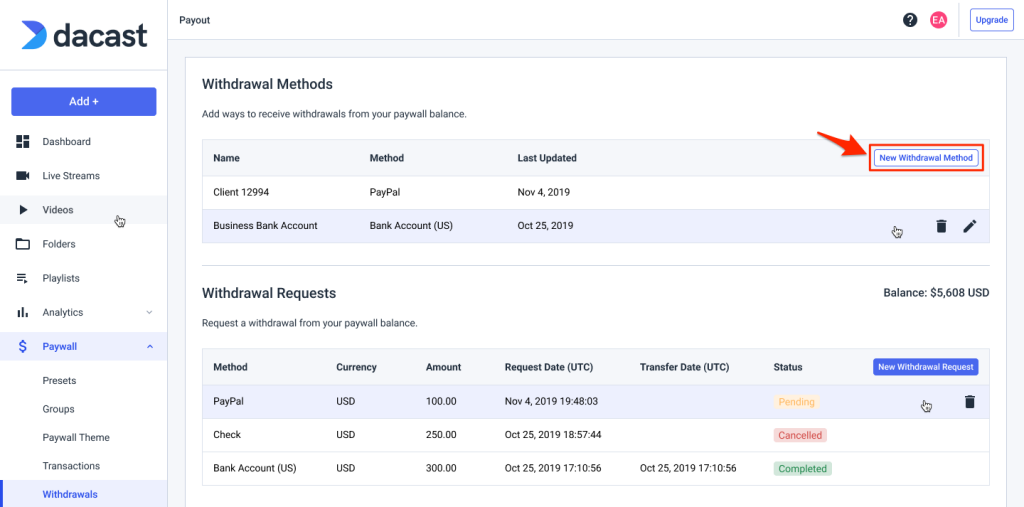 Dacast Payment Payout - New Withdrawal Method