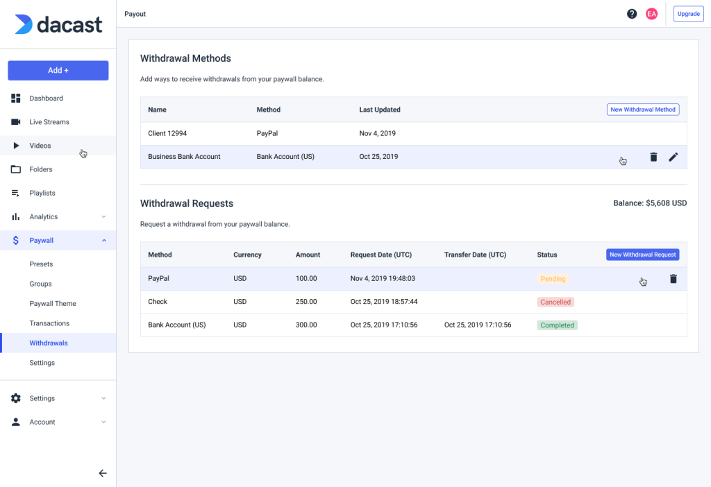 Dacast Payment Payout - Withdrawls