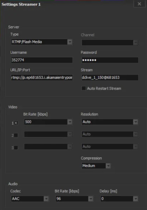 Plate-forme Dacast - Diffusion en continu à l'aide de VidBlasterX - PARAMÈTRES DU STREAMER