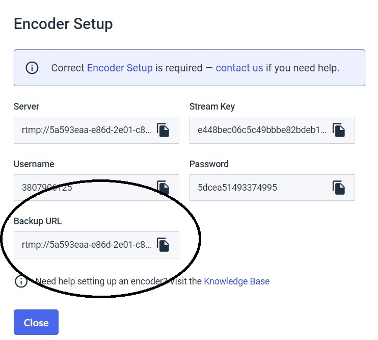 Dacast Stream - URL de backup - Configuração do codificador