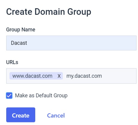 Preferencias de seguridad Dacast - crear grupo de dominio