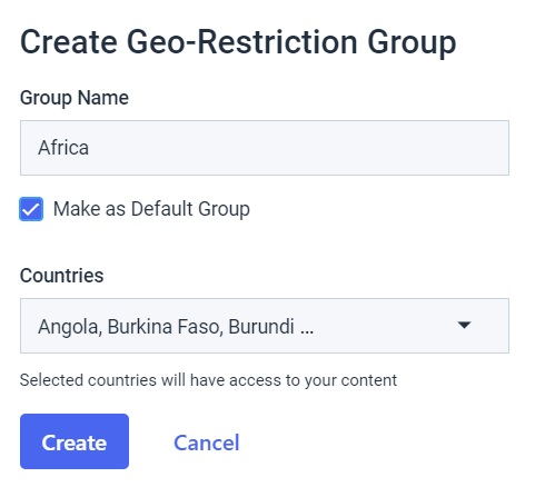 Preferencias de seguridad de Dacast - crear grupo de geo-restricción