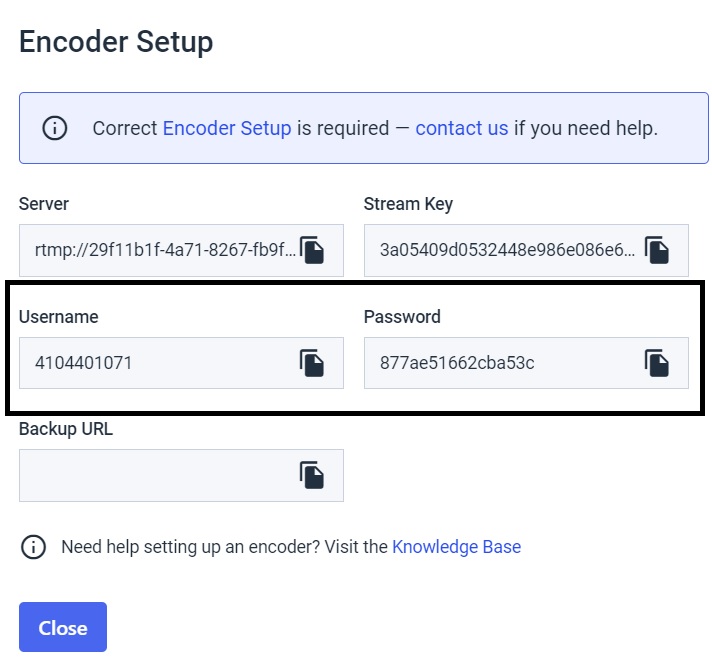 Nome de utilizador e palavra-passe do codificador Dacast