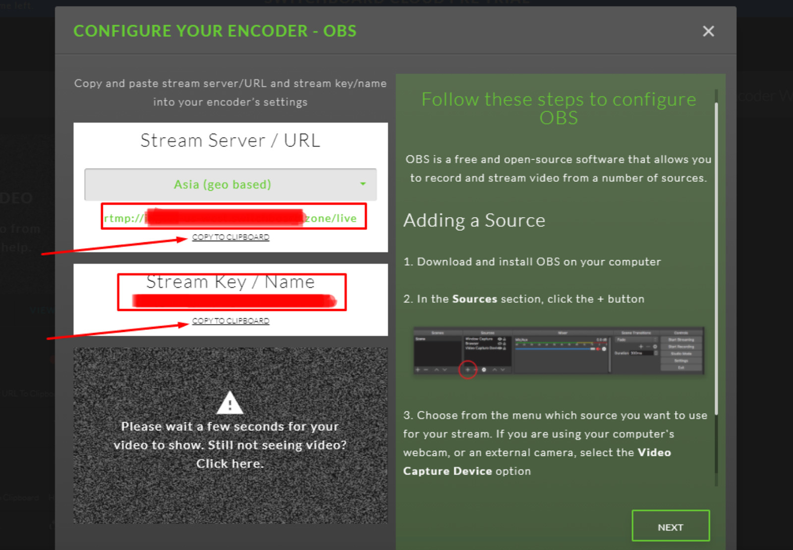 Como transmitir para o Dacast utilizando o Switchboard Live - Passo 3