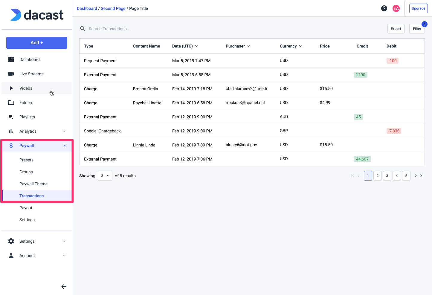 Dacast Paywall - Transactions