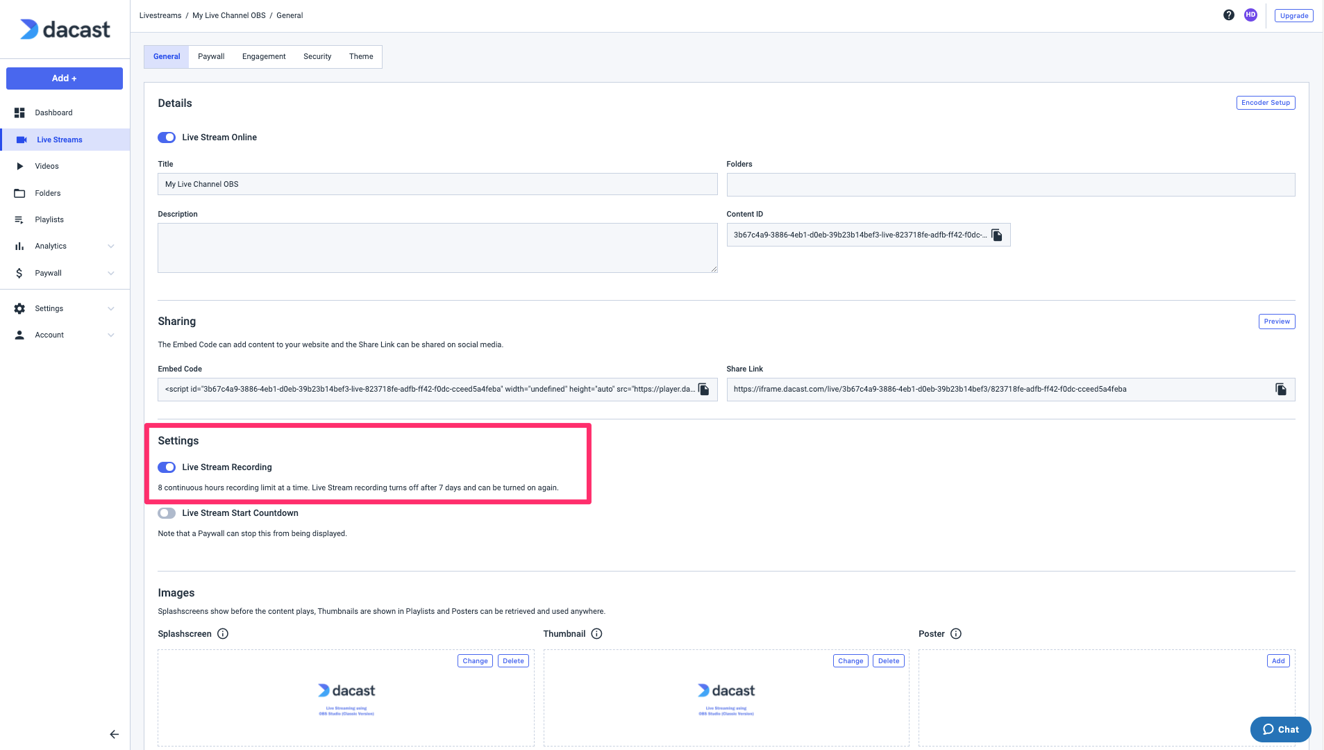 Dacast - Settings > live stream recording