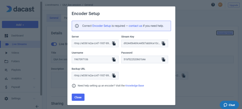 Streaming TriCaster - Configurazione dell'encoder