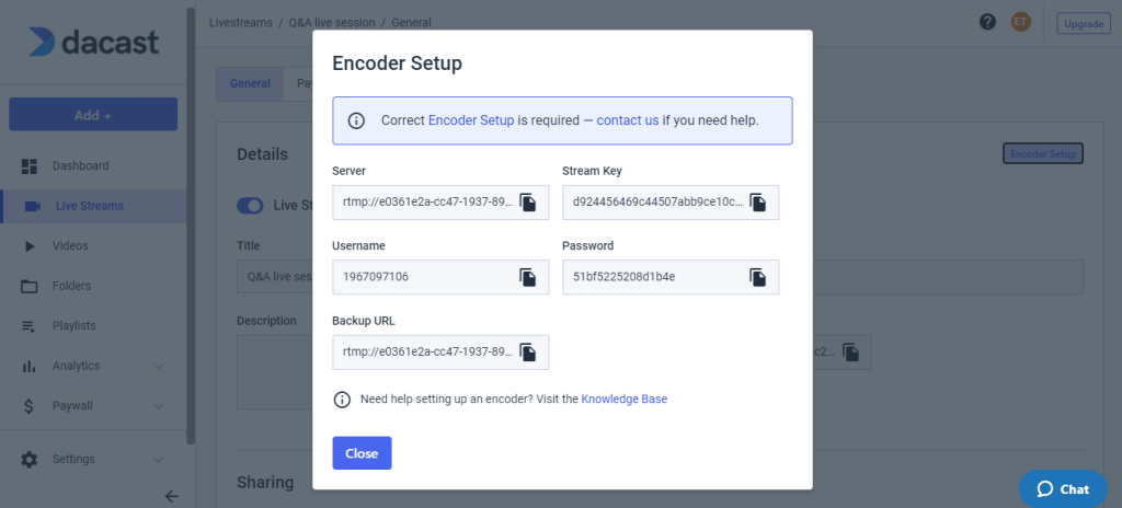 TriCaster Streaming - Configuração do codificador