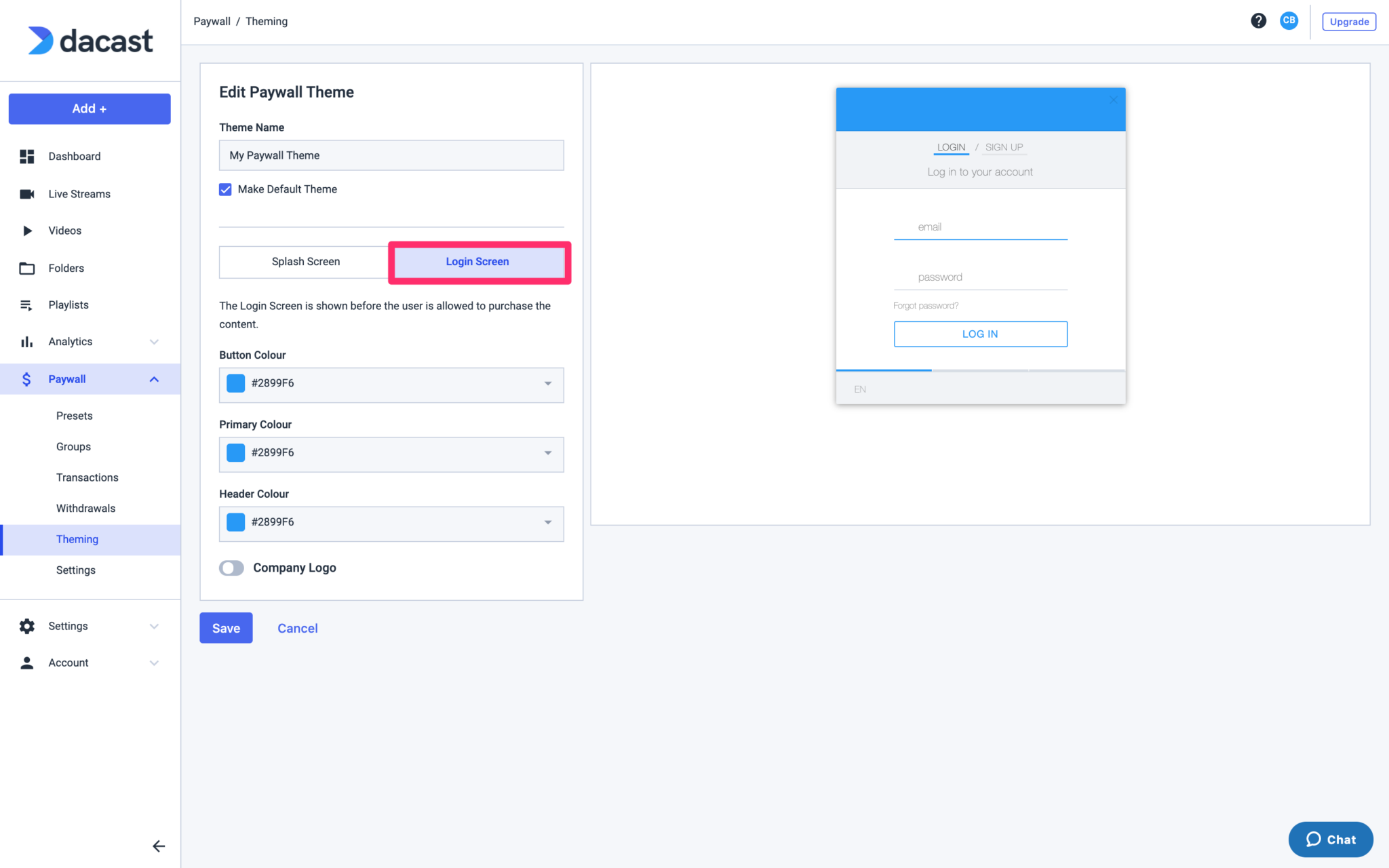 Monetizzazione video - Configurazione del paywall di Dacast - Tematizzazione del paywall - Login