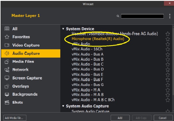 Audio microfonico Wirecast - Acquisizione audio Realtek