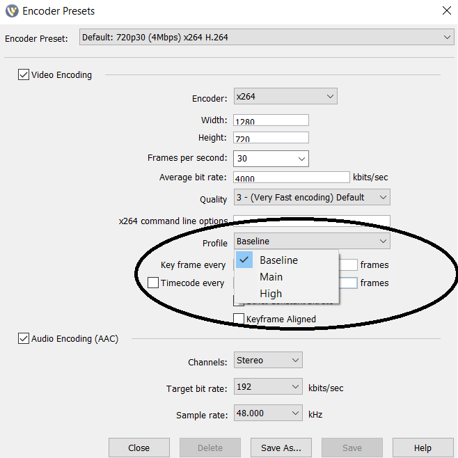 Profilo di codifica video Wirecast - Linea di base del codificatore