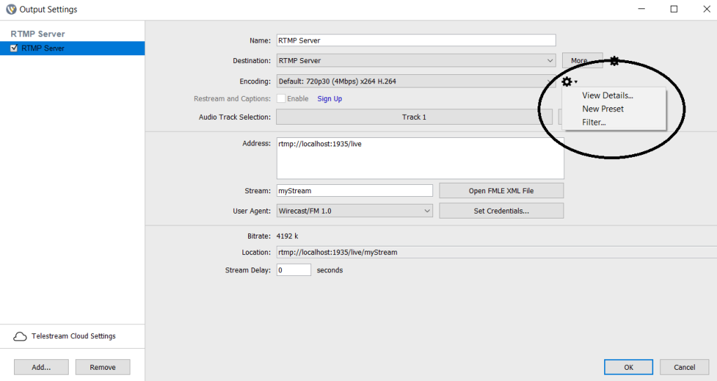 Profil d'encodage vidéo Wirecast - Serveur RTMP