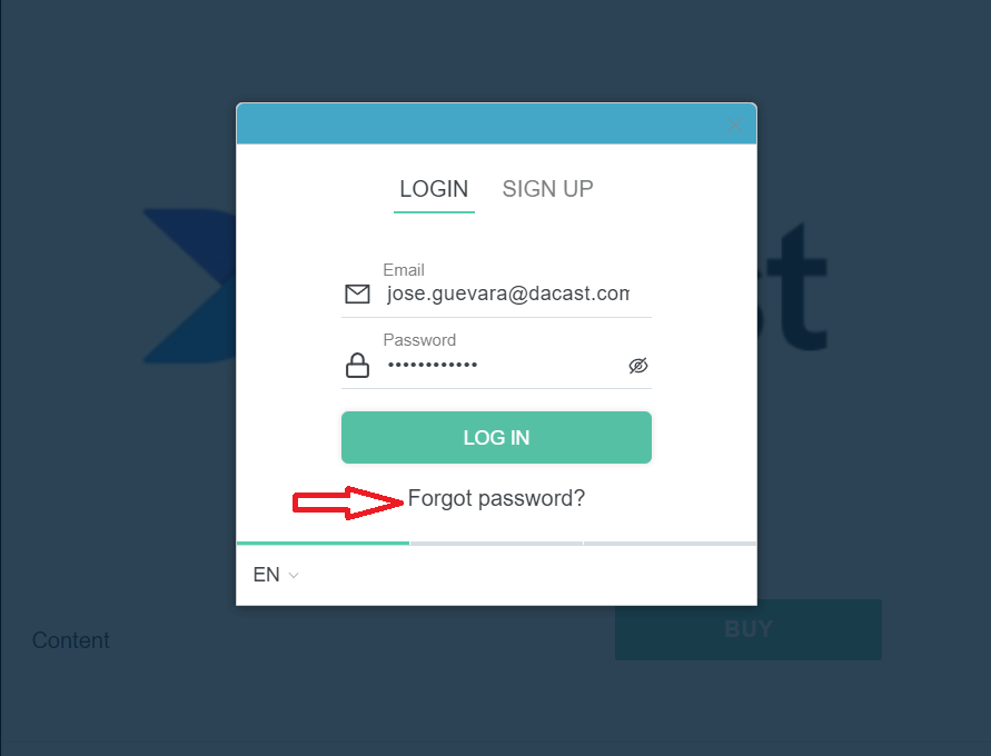 Dacast - Entrar - ¿Olvidó su contraseña? Enlace
