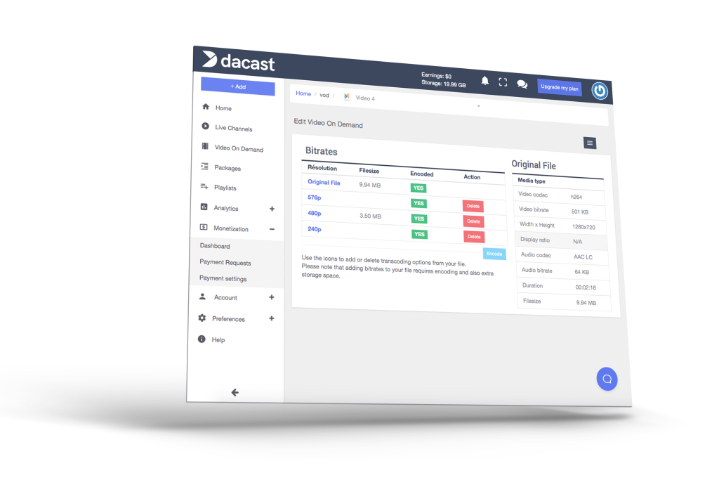 dacast vod video on demand encoding solution