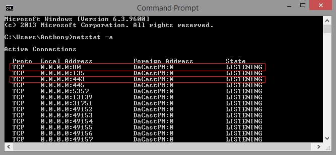 Ports pour la diffusion en direct - Invite de commande