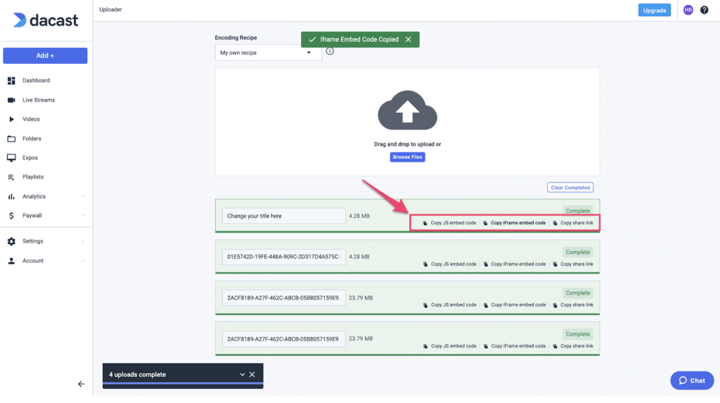 Codici condivisi e incorporati vista uploader