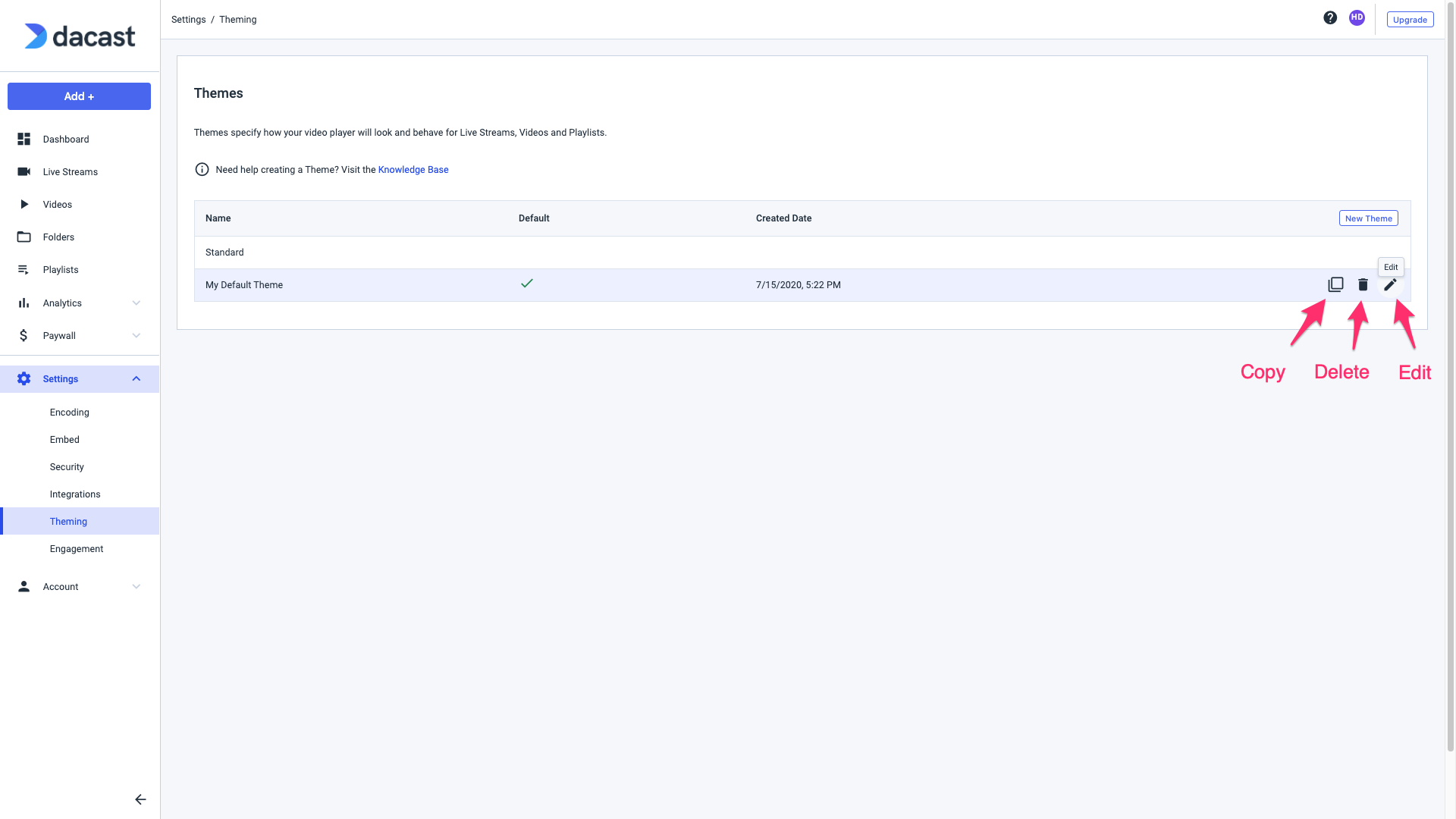 Dacast Player theme - Theme Copy Delete Edit
