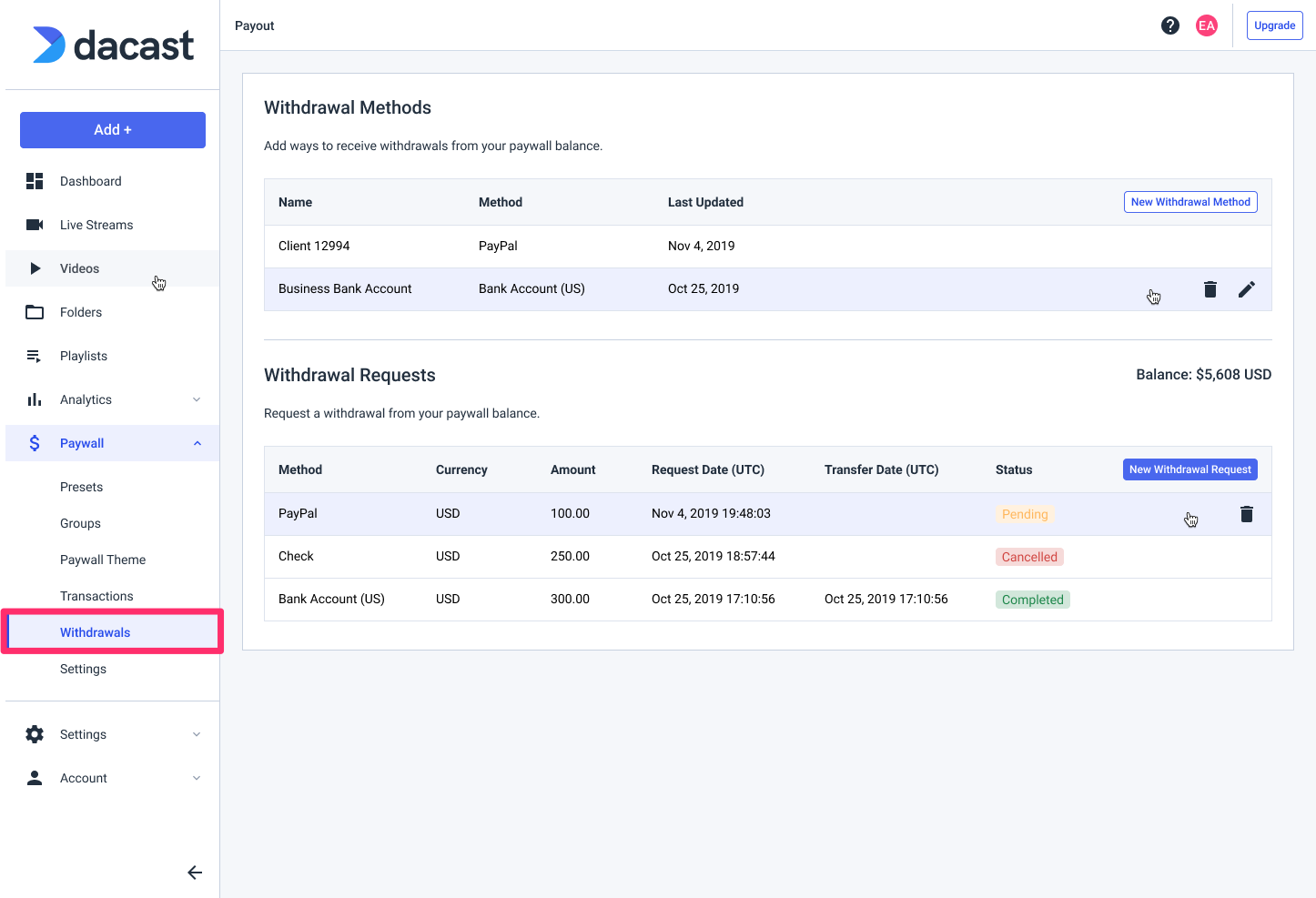 Dacast paywall - withdrawal methods