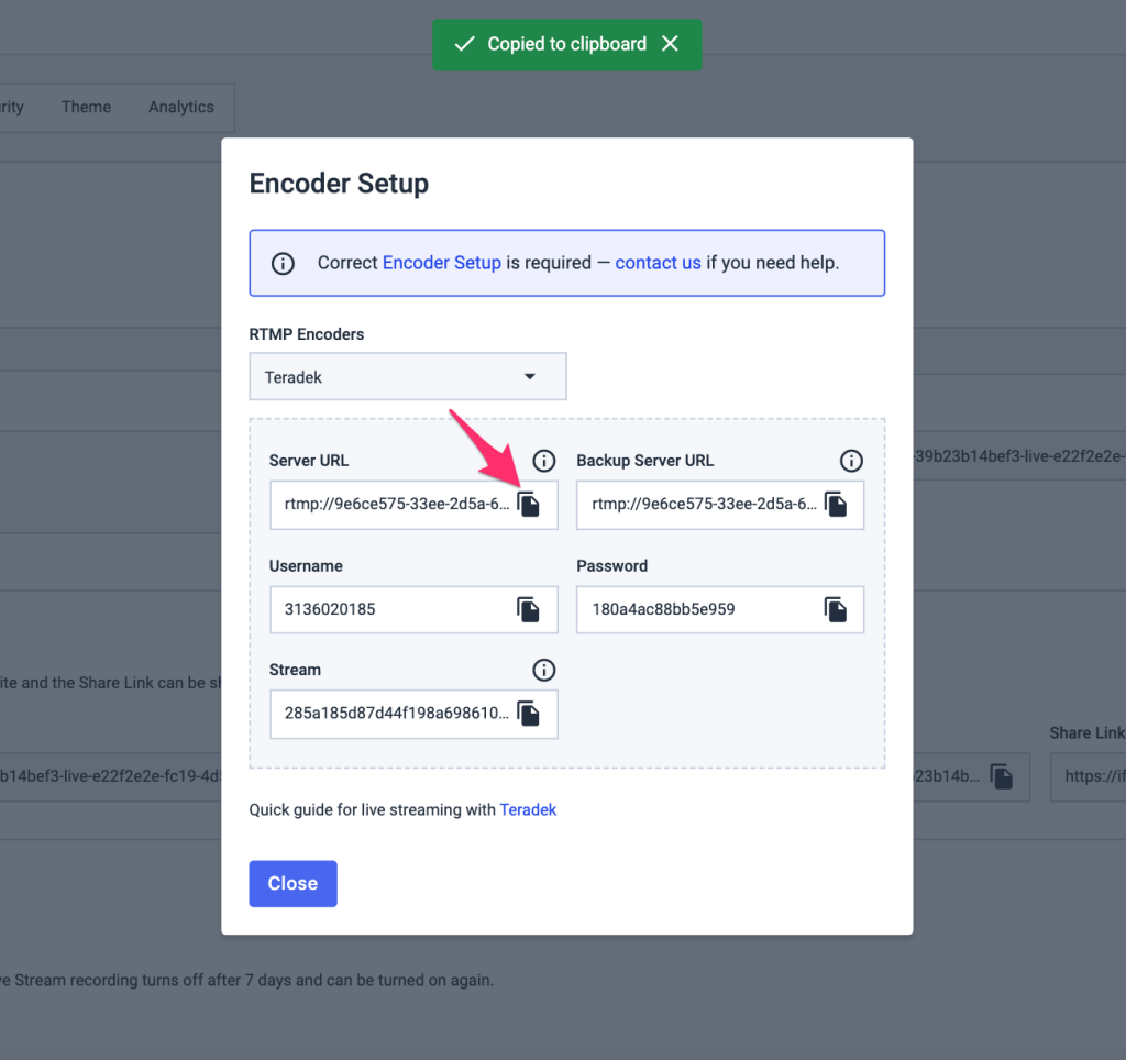 URL copiado do Clipboard Teradek