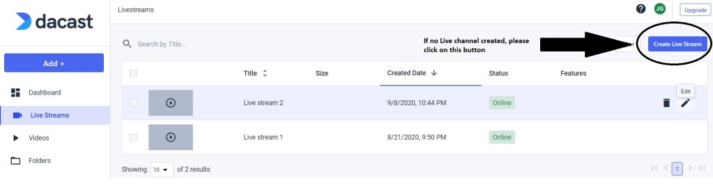 Guía de configuración de Dacast Encoder - Crear transmisión en directo