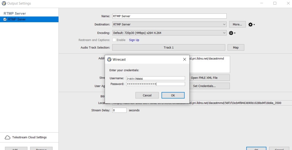 Guía de configuración del codificador Dacast - Configuración Wirecast RTMP confirmar credenciales