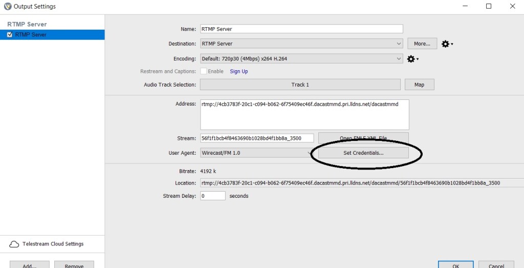 Dacast Encoder Setup Guide - Wirecast settings RTMP set credentials