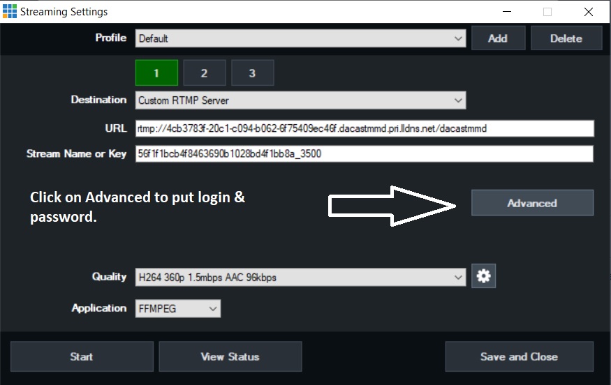 Guia de configuração do codificador Dacast - Definições de fluxo contínuo vMix Configuração