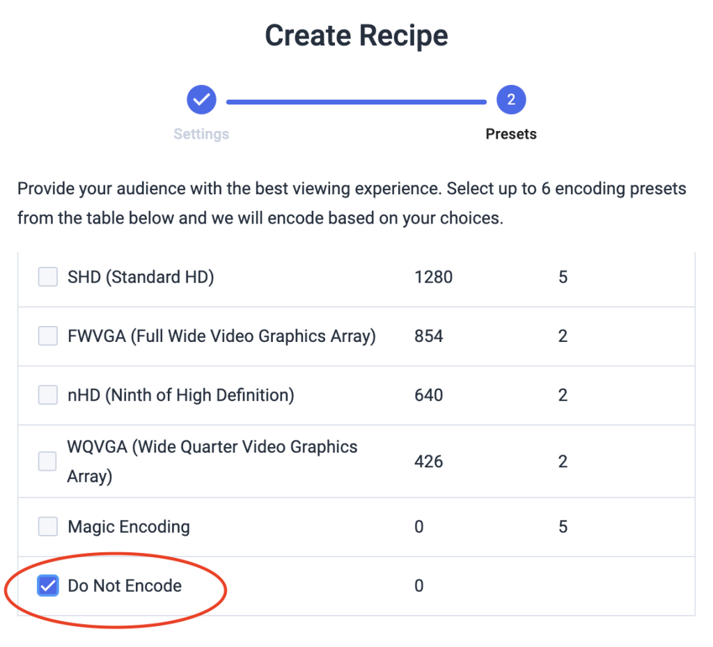 Dacast VOD MultiBitrate Encoding create recipe