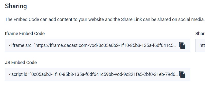 Plate-forme Dacast - Capture d'écran du code d'intégration