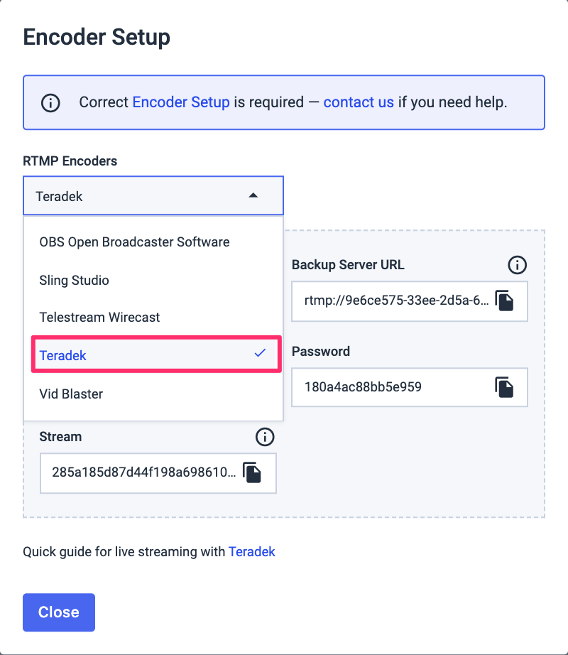 Seleção Teradek Configuração do codificador