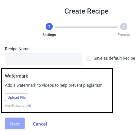 Plataforma Dacast - crear marca de agua de recetas