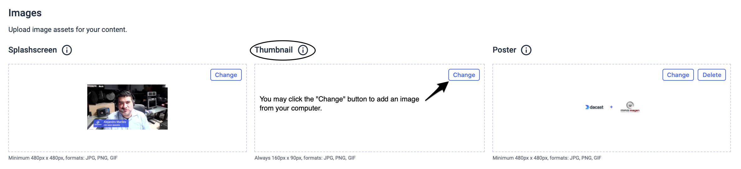 Dacast Live Stream Thumbnail y Splash Screen - Añadir