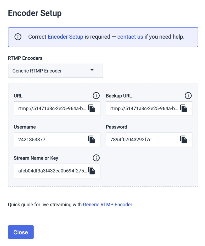 Configuração do codificador Dacast RTMP