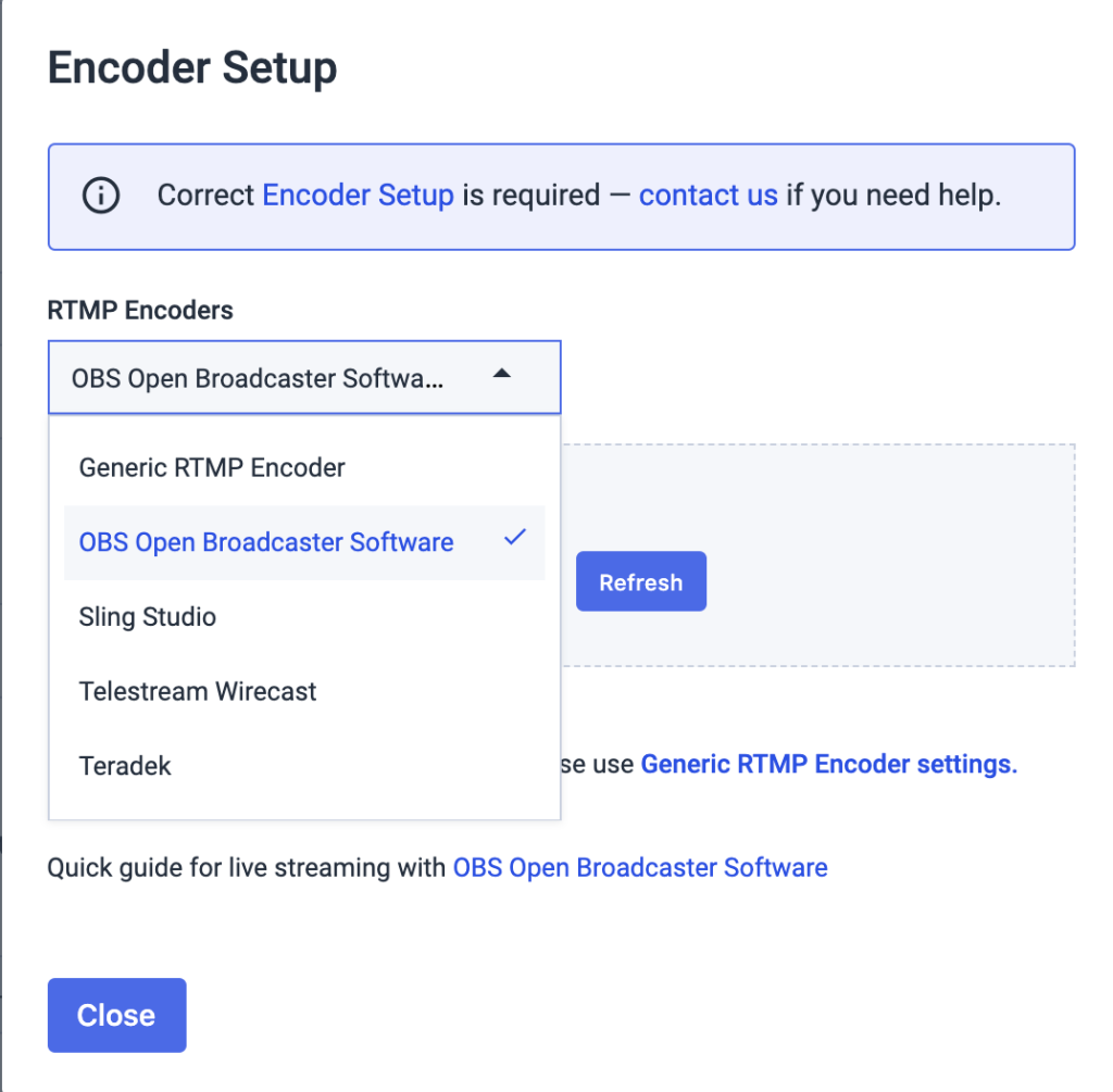 Configuração do codificador Seleção OBS